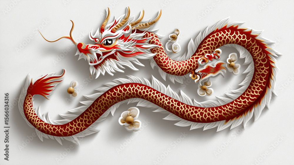 Obraz premium Vibrant and intricate dragon design featuring red and white colors, showcasing detailed scales and expressive features, symbolizing power