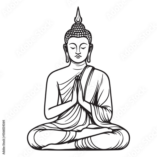 Line art of Buddha statue meditating and paying respect vector