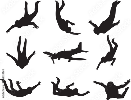 Skydivers and Propeller Plane Silhouettes