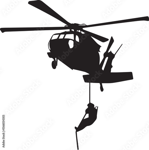 Print  Military Helicopter with Rappelling Soldier Silhouette