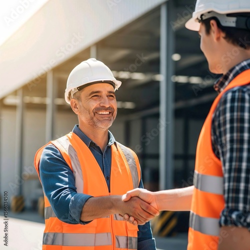 Two construction workers shaking hands at job site wearing hard hats