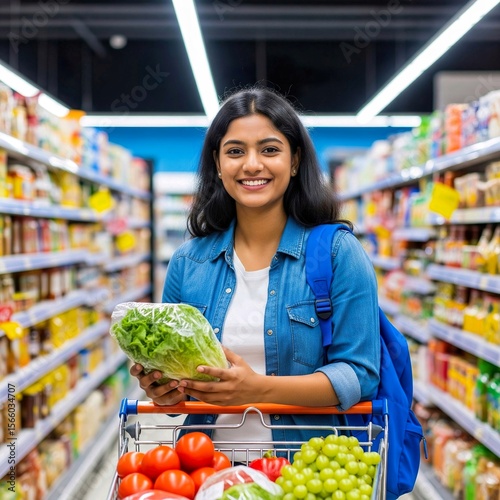 Happy Indian woman shopping fresh vegetables in supermarket produce aisle