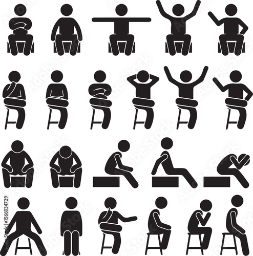 People Sitting Poses Stick Figure Icons