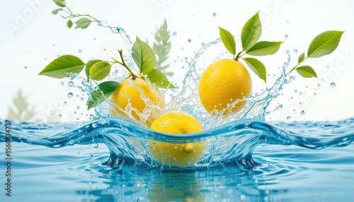 Green leaves with yellow lemons splashing into the water