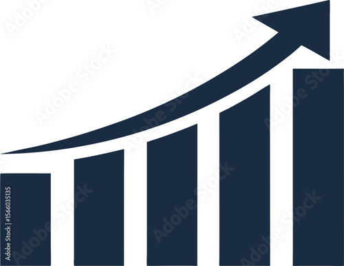 Dark blue upward trending bar graph with an arrow indicating growth against a chart