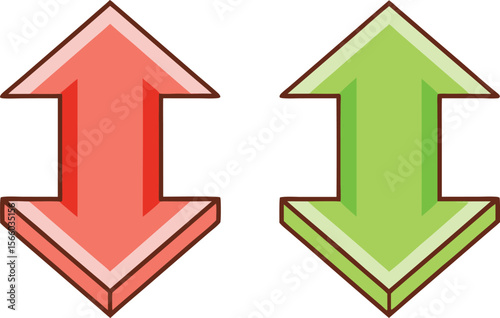 Two 3 D Arrows Red Green Pointing Up Down on with Brown Outlines direction