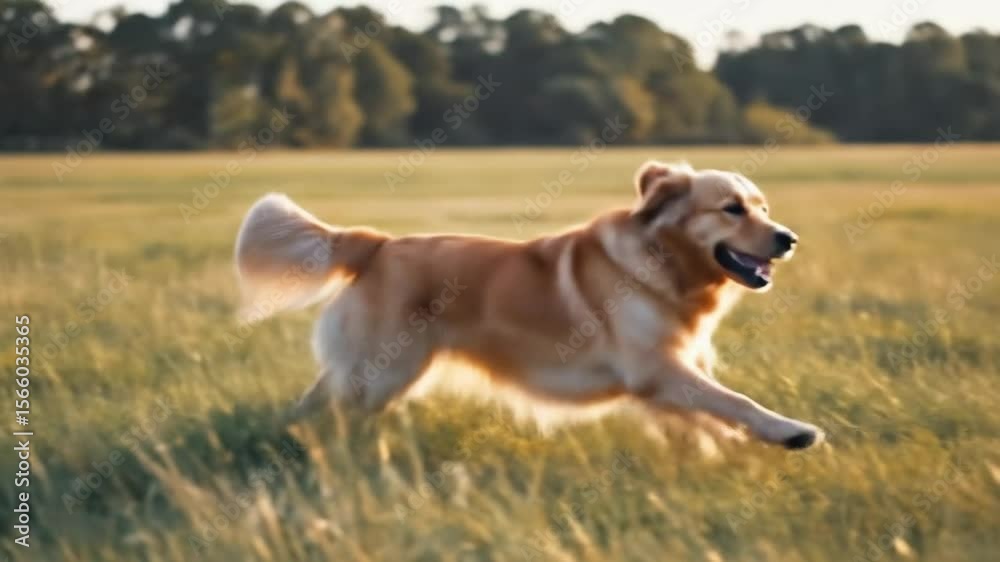 Golden retriever enjoys a sunny day of running in an open field surrounded by trees