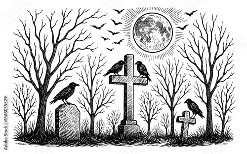 A spooky graveyard scene with crows perched on tombstones and crosses in front of a full moon