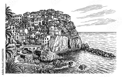 Cliffside Village with Houses on Rocks near Ocean Engraved in Detailed Black and White Drawing