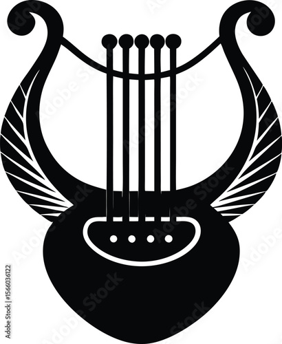 Stylish black and white lyre logo design. Harp of Orpheus silhouette vector illustration. Elegant Black and White Line Art of a Lyre