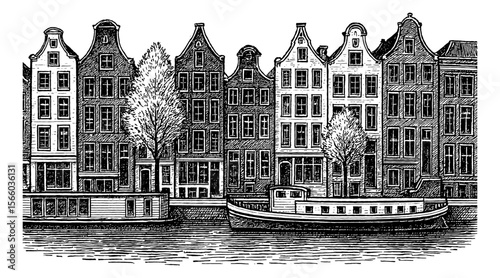 Detailed black and white illustration of Amsterdam canal houses with boats.