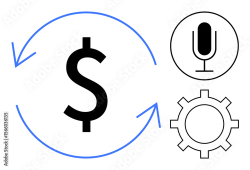 Dollar sign encircled by arrows, microphone, and gear illustrating finance, automation, voice tech. Ideal for economy, AI, fintech, voice interface workflow automation tools simple landing page