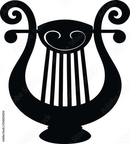 Stylish black and white lyre logo design. Harp of Orpheus silhouette vector illustration. Elegant Black and White Line Art of a Lyre