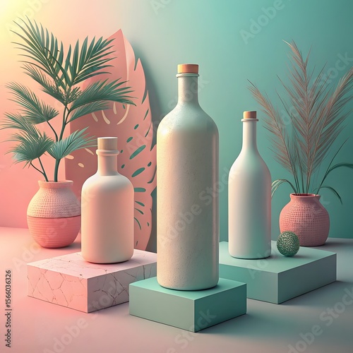 3D Cosmetic Bottles with Pastel Background – Soft & Minimal Product Mockup