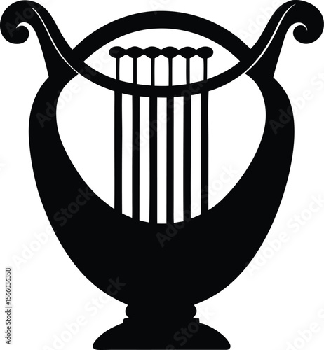 Stylish black and white lyre logo design. Harp of Orpheus silhouette vector illustration. Elegant Black and White Line Art of a Lyre
