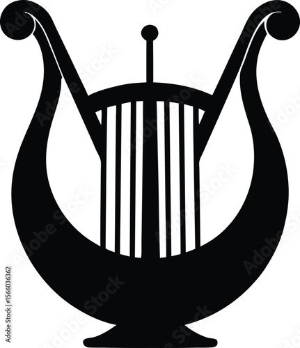 Stylish black and white lyre logo design. Harp of Orpheus silhouette vector illustration. Elegant Black and White Line Art of a Lyre
