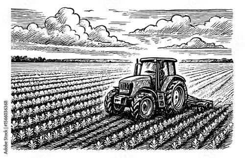 Tractor plowing field with young crops in black and white engraved style, farm, rural, agriculture
