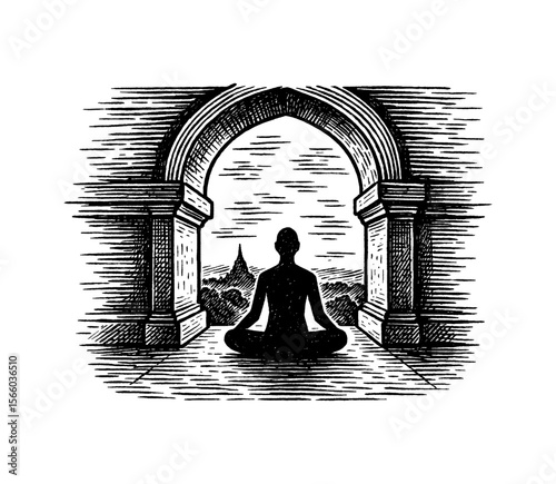 Silhouette Meditating in Lotus Position Under Archway, Engraving Style Illustration