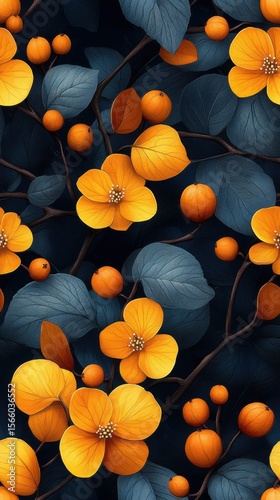 Vibrant orange blossoms and berries