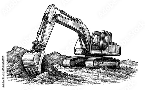 Detailed Engraved Illustration of an Excavator Digging on Soil in Black and White