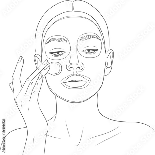 Woman applying face mask skincare routine beauty treatment facial mask spa day wellness self care outline art editable vector