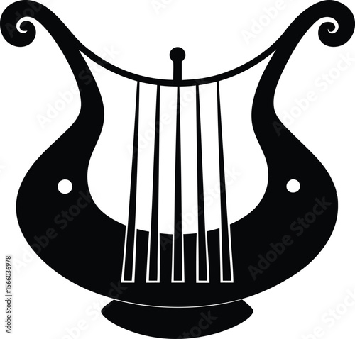 Stylish black and white lyre logo design. Harp of Orpheus silhouette vector illustration. Elegant Black and White Line Art of a Lyre