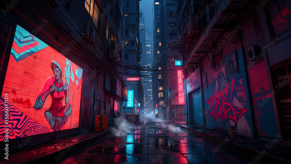 Naklejka premium Cyberpunk Alleyway: Neon Signs, Graffiti Art, Rainy Night Atmosphere