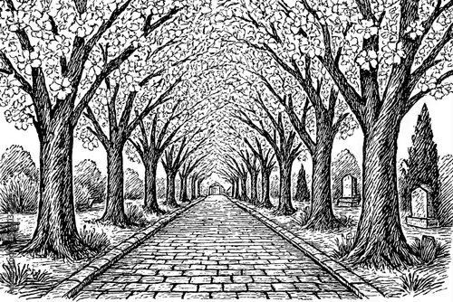 Perspective View of Tree Lined Brick Path Leading to Building in Detailed Engraving Art