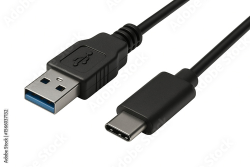 Black usb type a to usb type c cable connector isolated on white background