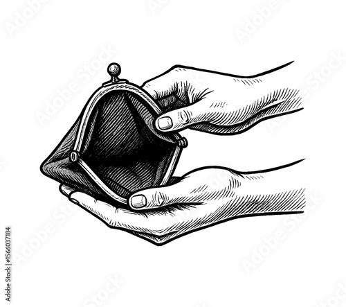Hands holding and opening an empty coin purse in engraved style illustration