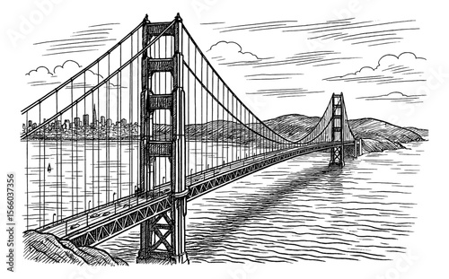 Black and White Line Art Illustration of Golden Gate Bridge with City Skyline and Clouds
