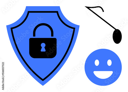 Blue shield with lock symbol, phishing hook, and happy face representing cybersecurity, phishing awareness, protection, digital safety, alertness, online privacy defense tools. Ideal for digital