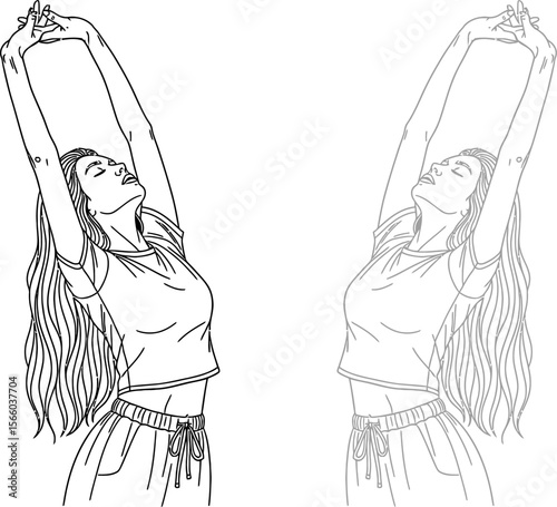 Line art drawing of woman stretching arms up in air for wellness and relaxation exercise routine pose editable vector