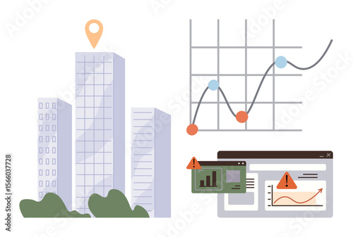 High-rise buildings, graph trends with data points, and a dashboard with warnings. Ideal for analytics, urban development, technology, risk management, data monitoring, business growth simple flat