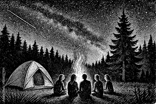 Group Gathered Around Campfire Under Starry Night Engraving Art Illustration