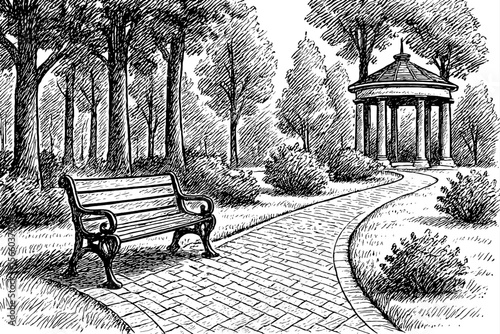 Park Bench on Brick Path with Gazebo and Trees in Black and White Detailed Sketch