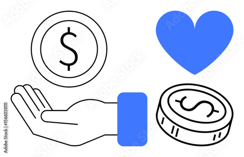 Hand holding a coin, coin stack, and blue heart symbolizing money, support, and care. Ideal for finance, charity, donation, kindness savings investments simple landing page