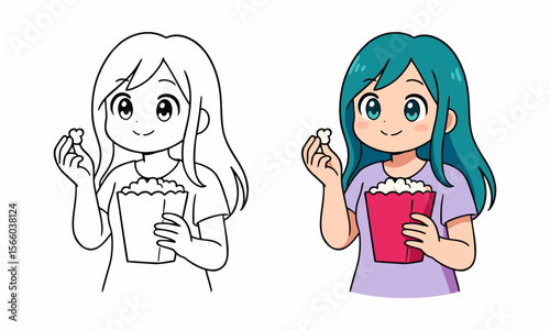 Cute woman eating popcorn coloring page for kids