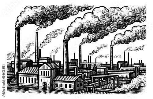 Illustration of Industrial Plant with Smoking Chimneys in Black and White Engraved Style