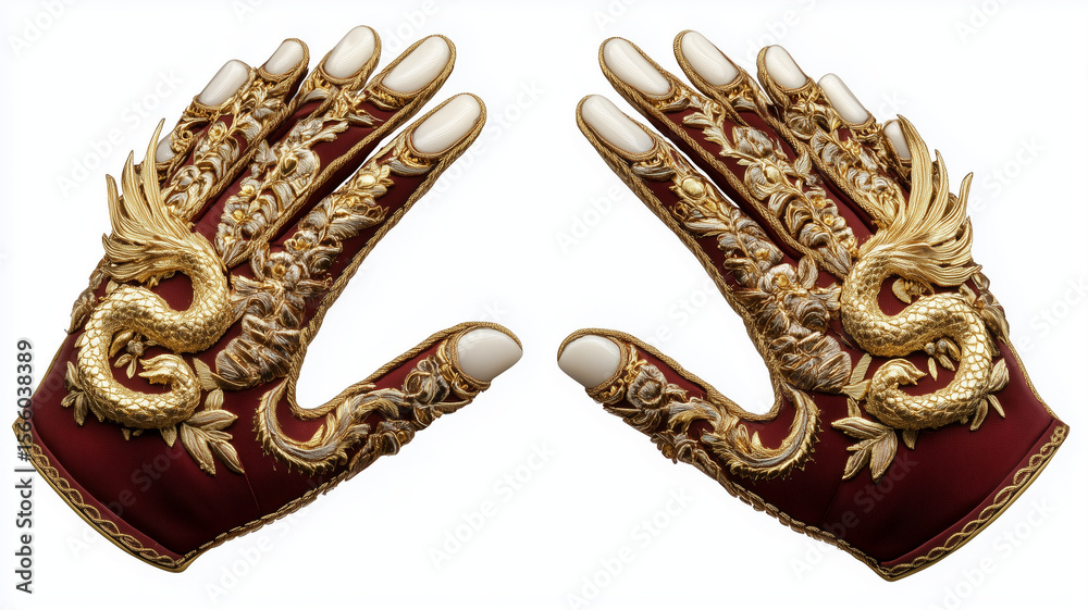 Fototapeta premium Exquisite decorative gloves featuring intricate gold dragon designs and floral patterns, showcasing craftsmanship and elegance