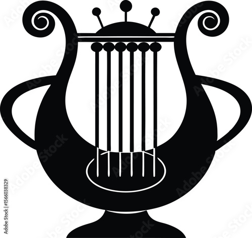 Stylish black and white lyre logo design. Harp of Orpheus silhouette vector illustration. Elegant Black and White Line Art of a Lyre