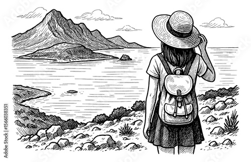 Woman with Hat and Backpack Admiring Landscape Line Art Style Illustration