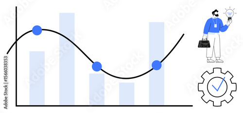 Bar chart with trendline and data points, businessman holding a light bulb, and a settings gear with checkmark. Ideal for business, technology, analytics, solutions, innovation, planning growth