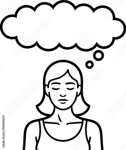 Illustration of woman thinking with thought bubble vector graphics mental health and wellness concept art editable vector
