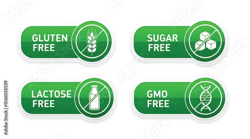 Gluten Free, Sugar Free, Lactose Free, GMO Free food labels on white background
