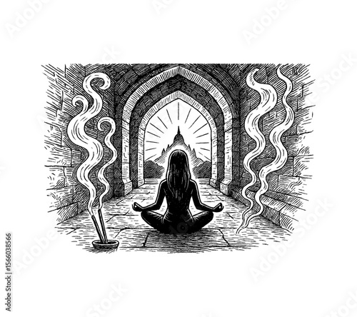 Silhouette Woman Meditating in Lotus Position inside Ancient Archway with Incense Smoke Engraving