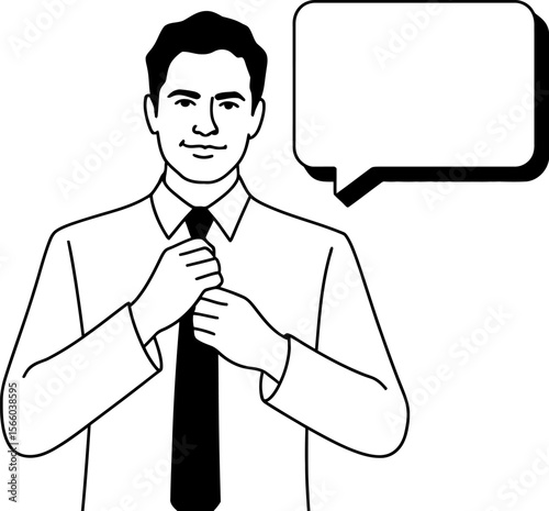 Illustration of businessman adjusting tie with speech bubble for communication and business concept editable vector