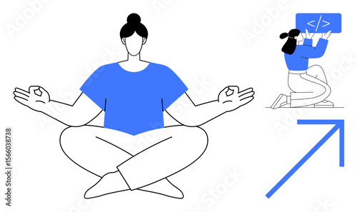 Person meditating cross-legged with calm posture, a coder kneeling with a code display, and an upward arrow. Ideal for tech, mindfulness, productivity, personal growth, balance, progress simple