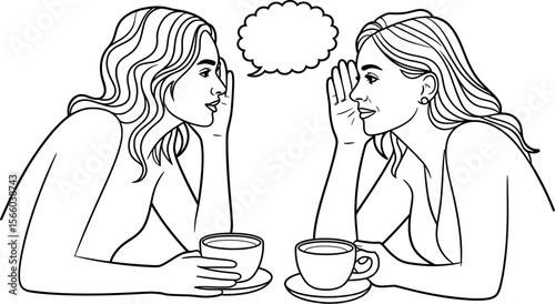 Two women gossiping over coffee line art vector illustration for social media and blog posts design editable vector