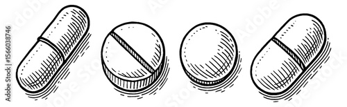 Hand Drawn Engraving Style Illustration of Pills and Capsules in Black and White